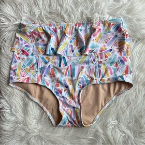 Kortni Jeane Abstract Peplum High-Waisted Bikini Ruffle Bottoms Swimsuit
